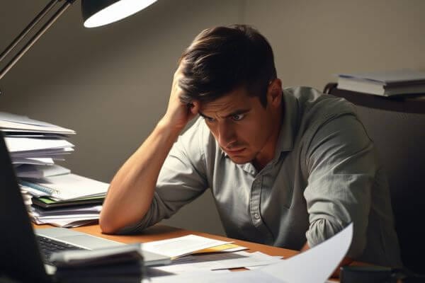 Person struggling with self-sabotaging thoughts while working at a desk