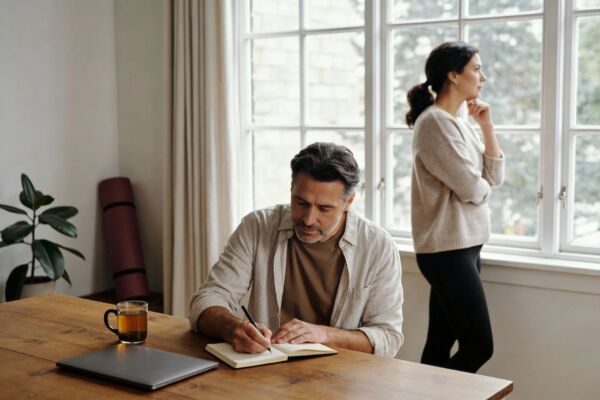 Personal-Development Man journaling at a wooden table with tea and a laptop while his wife looks out a bright window, illustrating calm morning personal development daily habits for a more fulfilling life.